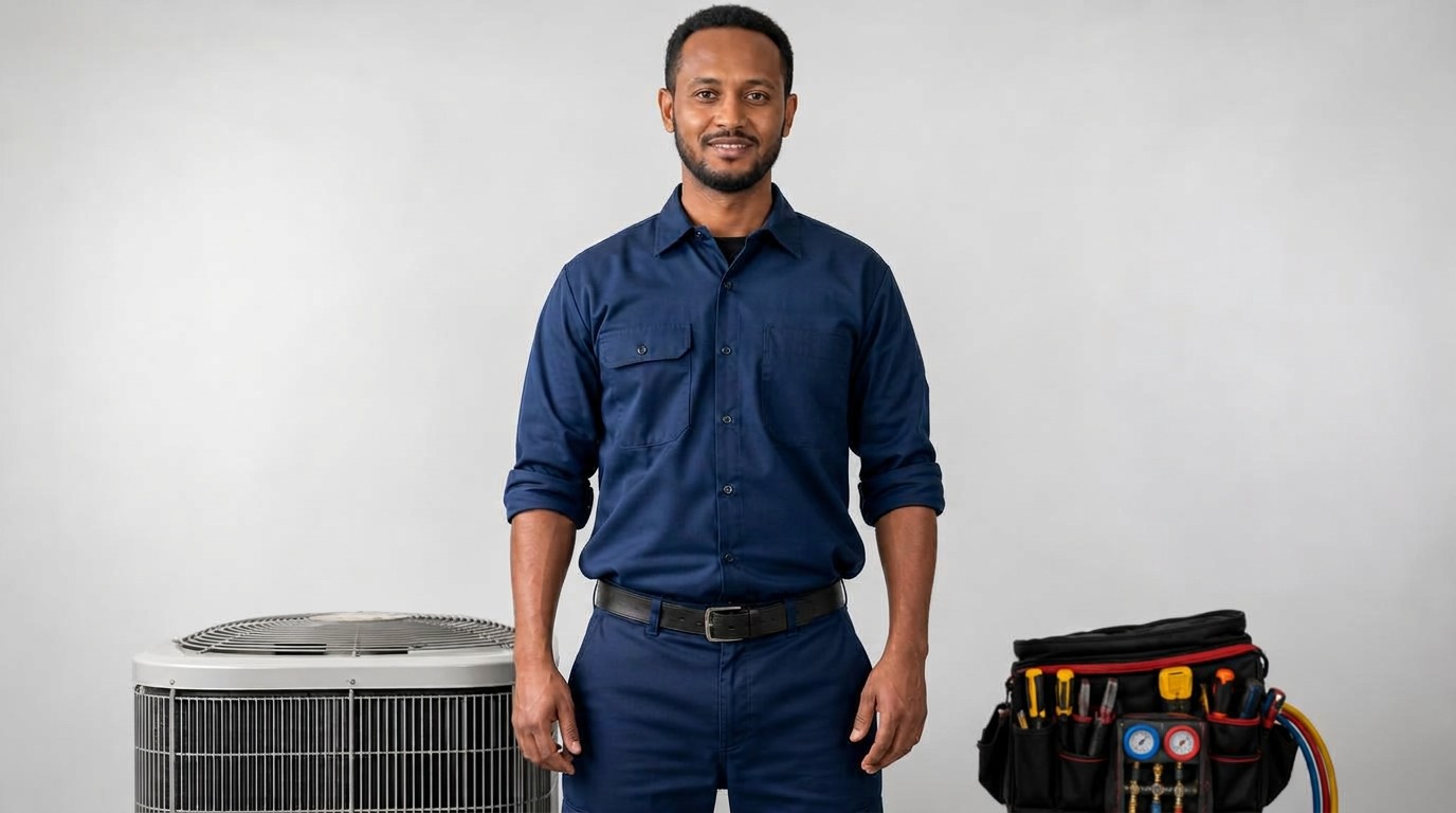 Ethio Cool Stuff technician standing beside a serviced air conditioner in Addis Ababa